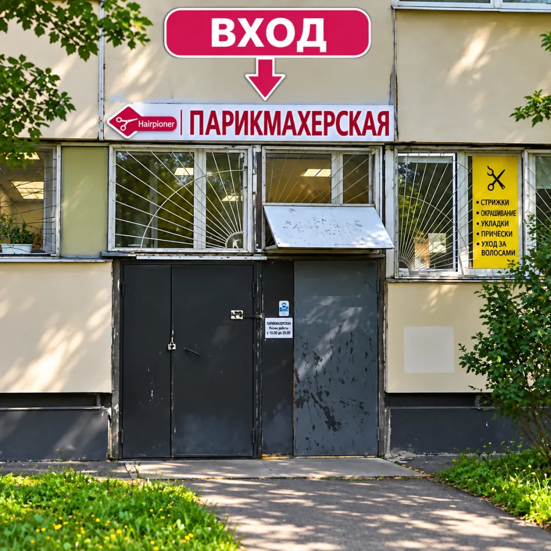 Вход в парикмахерскую Hairpioner: белая вывеска «Парикмахерская» с красной стрелкой «Вход», под ней серая металлическая дверь с козырьком